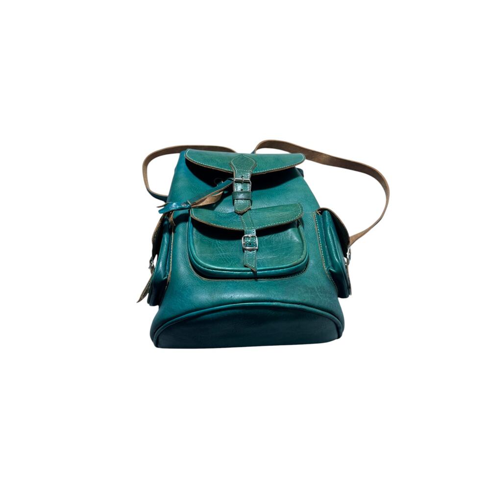 Vintage Backpack Bag Womens Teal Green Leather Rucksack Drawstring Buckle Pocket - Picture 2 of 16